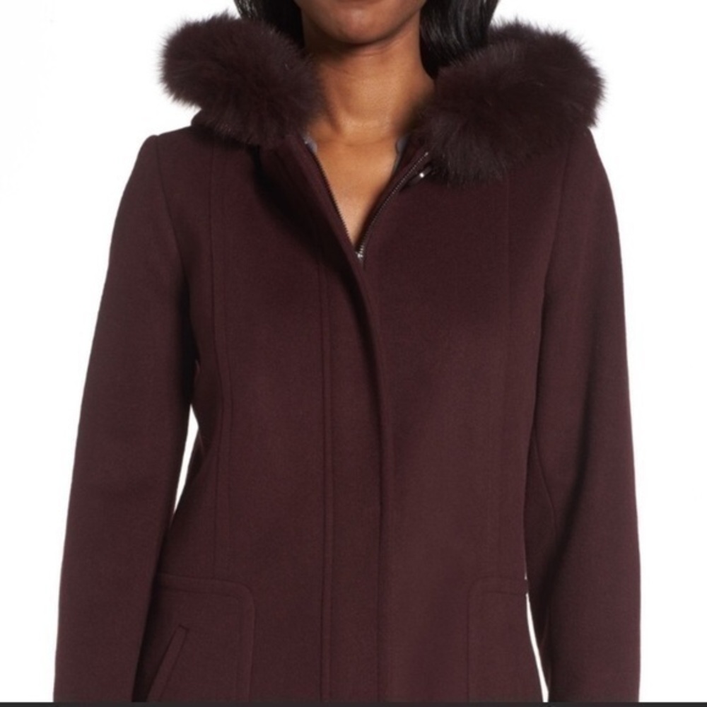 Sachi collection burgundy lambswool blend coat with fox fur lined hood